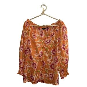 Mlle Gabrielle Orange Floral Off-Shoulder Blouse with Pink Flowers